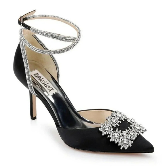 Badgley Mischka Saint Elegant 2 Piece Black Satin Ankle Strap Size 5 (MSRP $248) - Picture 1 of 8